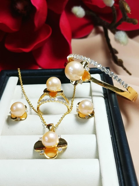 BỘ TRANG SỨC NGỌC TRAI HỒNG CAM XINH XẮN VÀNG