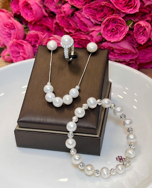 Bộ Trang Sức Ngọc Trai Trắng Chế Tác Bạc