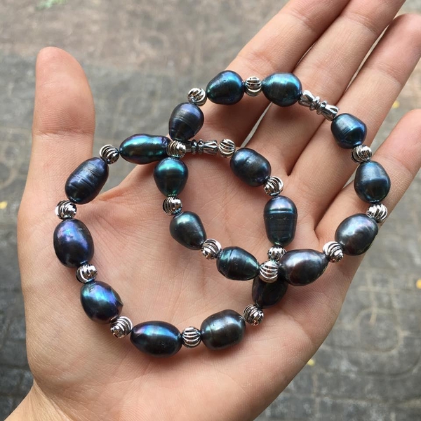 VÒNG TAY NGỌC TRAI THÔ XANH TAHITI PHỐI BI