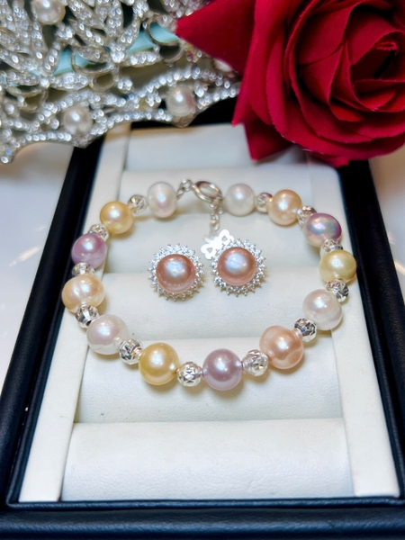 Lắc Tay Ngọc Trai Phối Bi Bạc + Hoa Tai Ngọc Trai Bạc Duyên Dáng