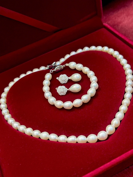 Bộ Ngọc Trai Trắng Cao Cấp 10li Sang Trọng - Hoa Tai Chế Tác Bạc