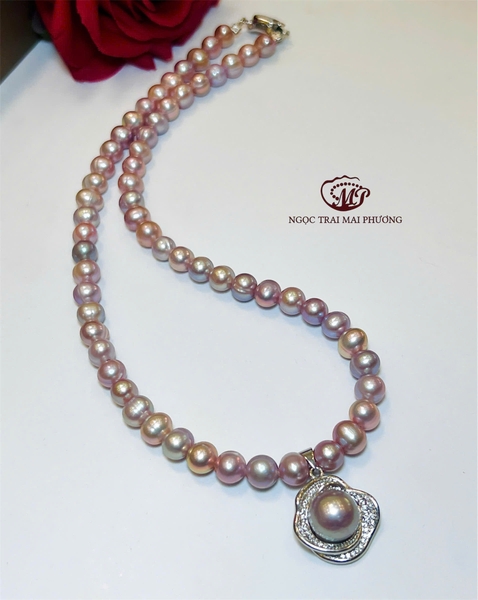 Chuỗi cổ ngọc trai sang trọng 7li kết mặt bạc xi kim