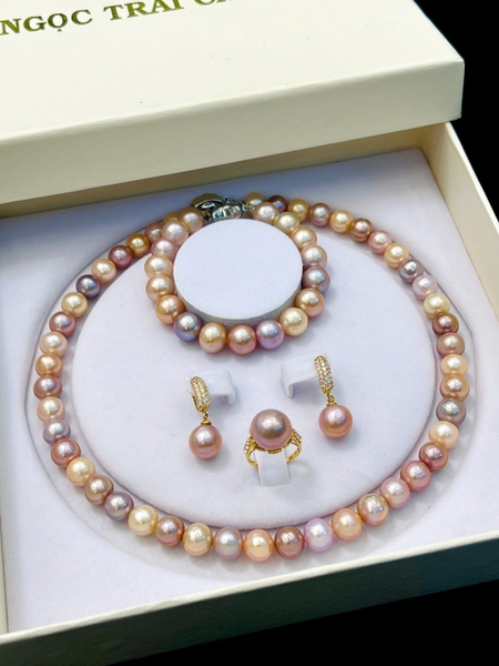 Bộ Chuỗi Trang Sức Ngọc Trai Cao Cấp - Hoa Tai + Nhẫn Chế Tác Vàng 18K