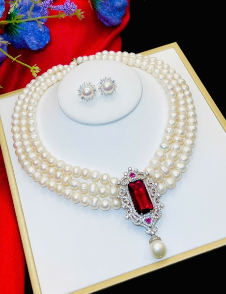 Bộ Ngọc Trai Trắng Sang Trọng  Ngọc chuỗi 8li , hoa tai chế tác bạc