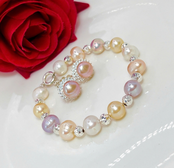 Lắc Tay Ngọc Trai Phối Bi Bạc + Hoa Tai Ngọc Trai Bạc Duyên Dáng