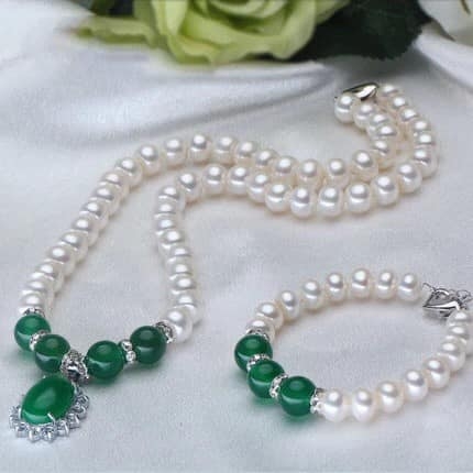 Bộ Ngọc Trai Trắng Phối Cẩm Thạch Sang Trọng