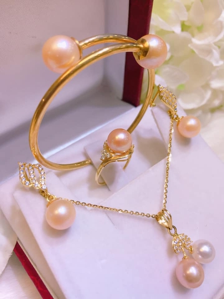 Bộ Trang Sức Ngọc Trai Hồng Cam Duyên Dáng