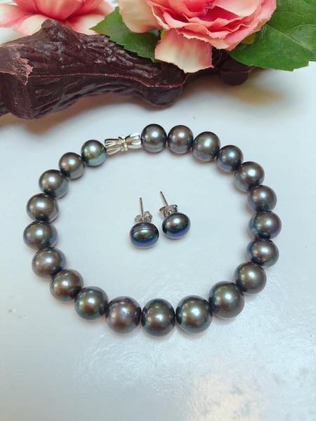 Set Lắc Tay Ngọc Trai Giọt Xanh Đen Đan Lưới + Hoa Tai Nụ Sang Trọng