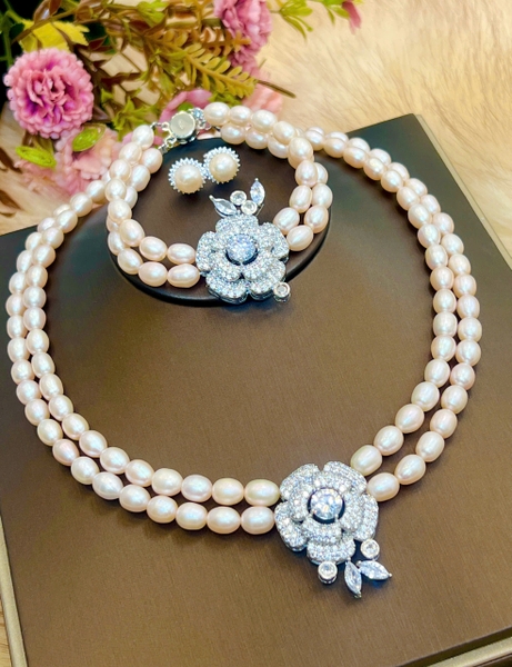 Bộ Chuỗi Ngọc Trai Giọt Nước Hồng Cam Duyên Dáng