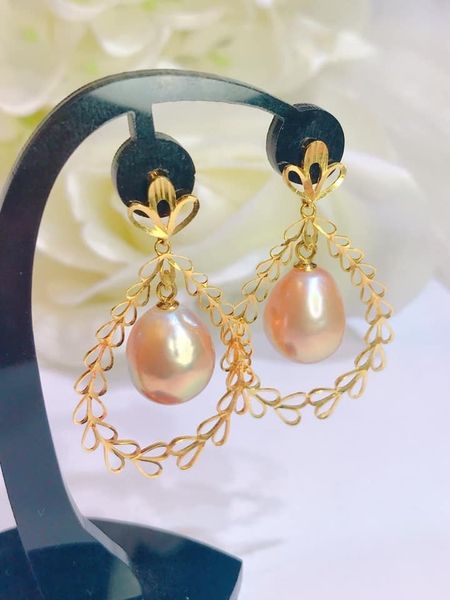Hoa Tai Ngọc Trai Hồng Cam Metallic Sang Trọng 