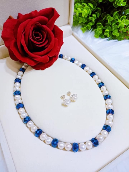 Set Vòng Cổ Ngọc Trai Phối Pha Lê Xanh+Hoa Tai