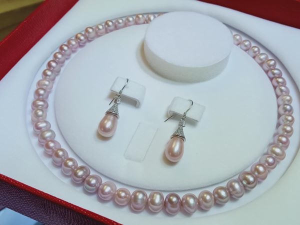 Set Vòng Cổ Ngọc Trai Tím Hồng + Hoa Tai Quý Phái