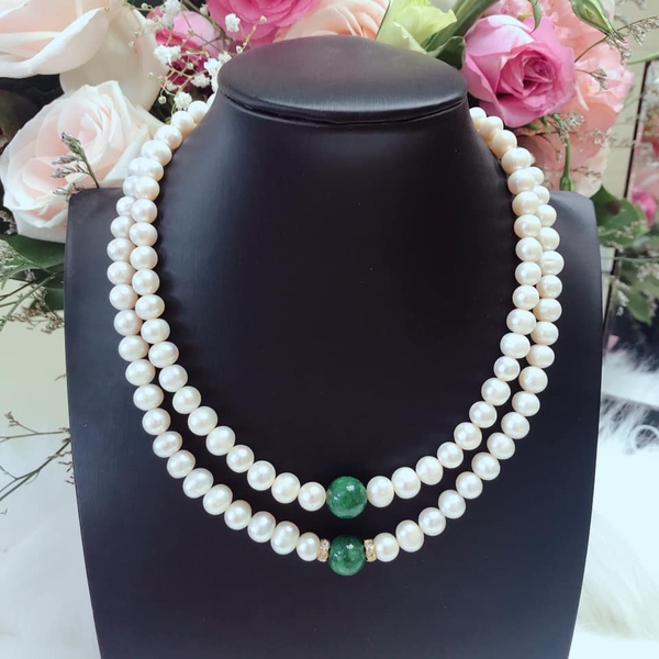 Vòng Cổ Đôi Ngọc Trai Phối Viên Cẩm Thạch Xinh Xắn