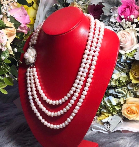 Vòng Cổ Ngọc Trai 3 Chuỗi Khoá Hoa Sang Trọng
