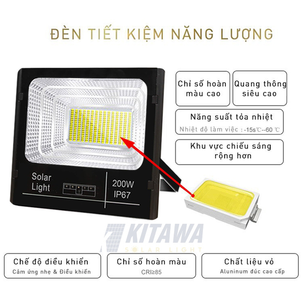 Đèn Pha Năng Lượng Mặt Trời Kitawa 200W Ip67 DP1200-V