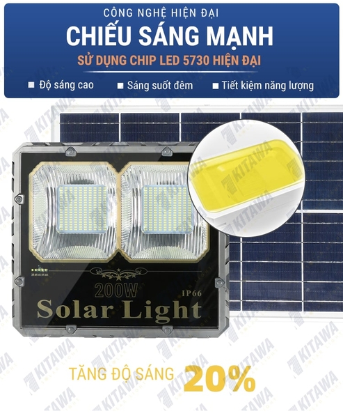 Đèn Pha 200W Năng Lượng Mặt Trời K-DP3200 - 2 Mắt Phản Quang Sáng Rộng
