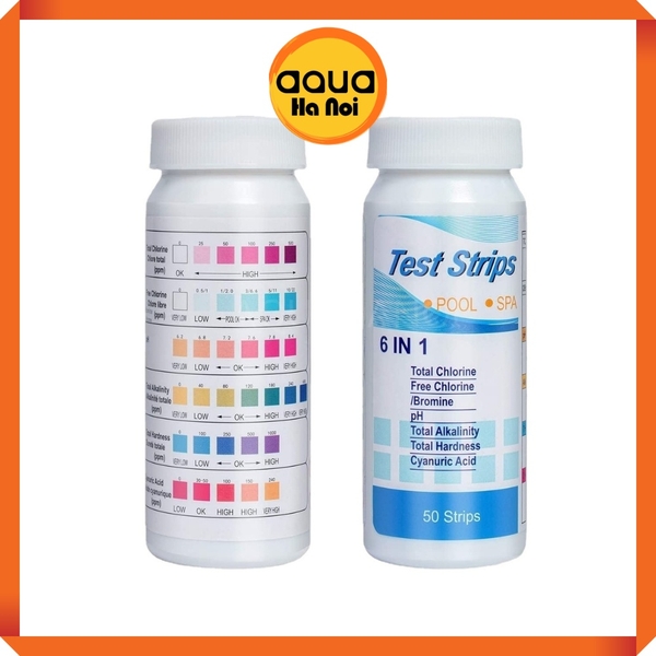 Bộ test kiểm tra chất lượng nước 6 in 1 : TCL - CL2 - PH - KH - TDS - Cyanuric Acid  (Hộp 50 que) - Chuyên dùng Thủy sinh, Bể bơi, Spa