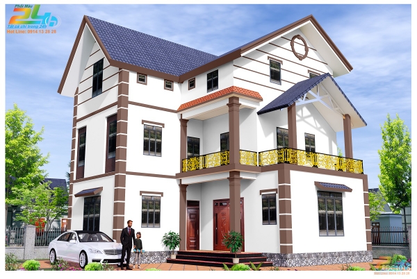 Phối màu sơn 3D nhà 2 tầng màu trắng