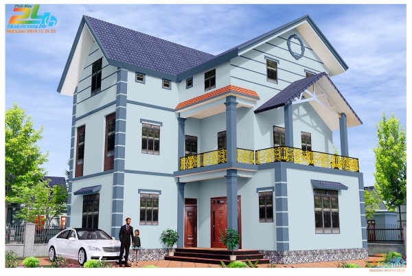 Phối màu sơn xanh cho nhà 2 tầng