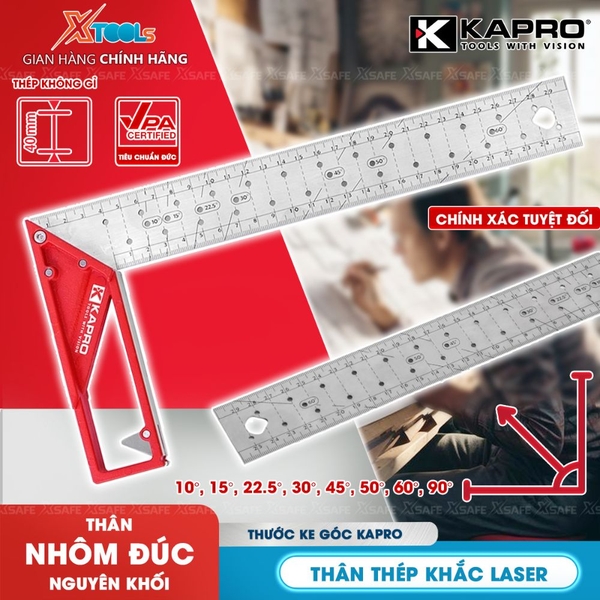 Thước ke góc vuông kim loại nguyên khối Kapro 353, chiều dài 25cm