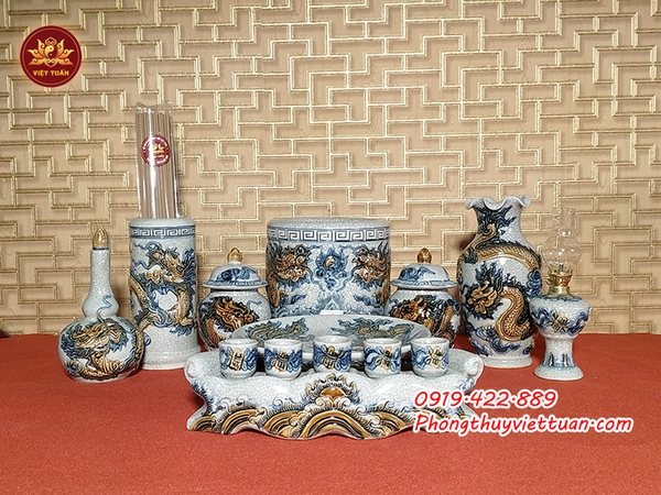 Bộ đồ thờ thổ công men rạn đắp nổi