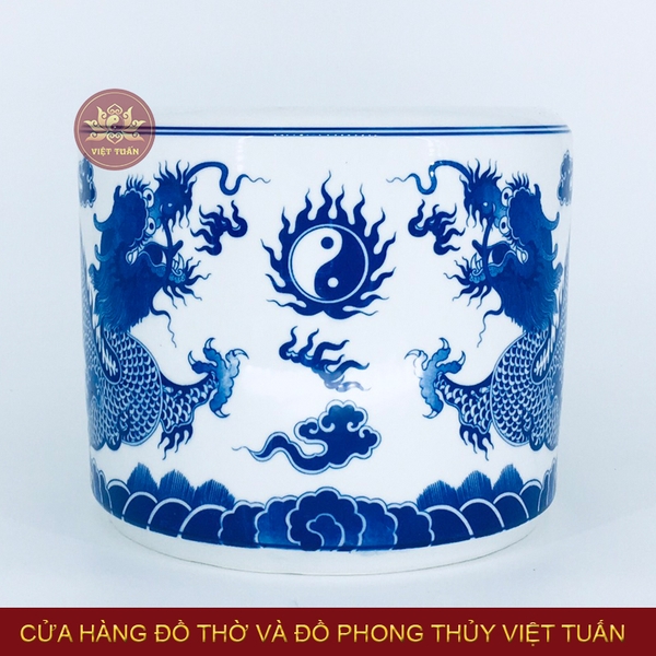 Bát hương men lam song long chầu nguyệt