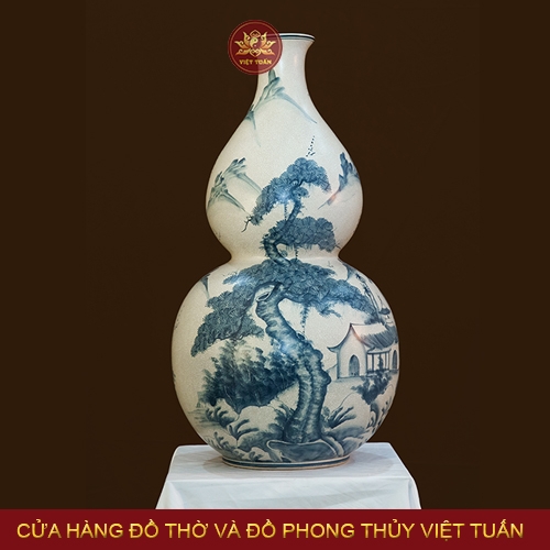 Bình hồ lô men rạn vẽ cảnh cây Tùng và Chùa