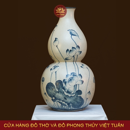 Bình hồ lô men rạn vẽ hoa sen