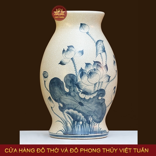 Bình hoa dáng đu đủ men rạn vẽ cảnh hoa sen