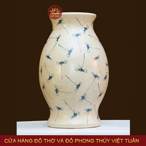 Bình hoa dáng đu đủ men rạn vẽ hình chuồn chuồn