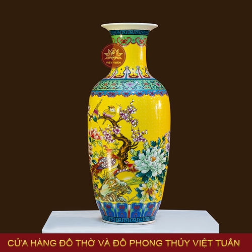 Bình hoa gốm vẽ cây cối màu vàng