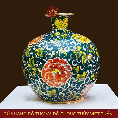 Bình hút lộc hoa Phù Dung nền xanh vẽ vàng 24K