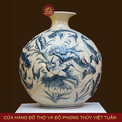 Bình hút lộc men rạn đắp nổi hình Cá Sen
