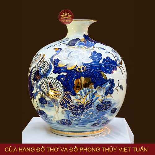 Bình hút lộc Sen Hạc vẽ vàng 24K