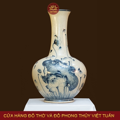 Bình tỏi men rạn vẽ hoa Sen