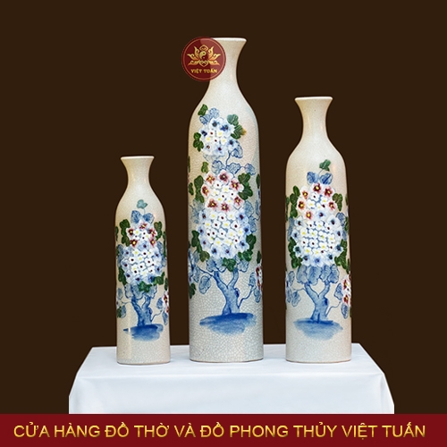 Bộ 3 chai eo men rạn vẽ hoa cẩm tú cầu