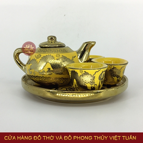 Bộ ấm trà 3 chén song long chầu nguyệt kim sa