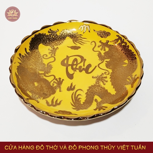 Đĩa trầu chữ Phúc men vàng kim sa