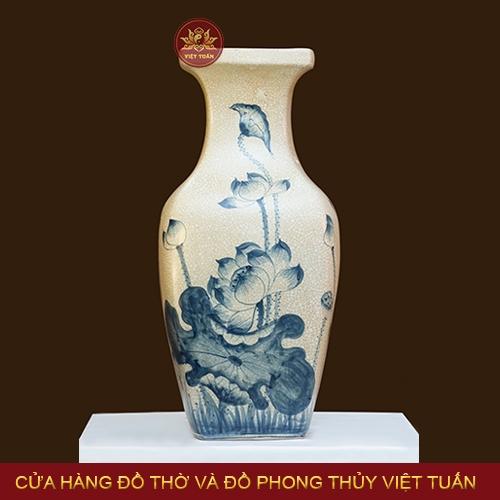 Lọ vuông cắm hoa men rạn vẽ hoa Sen