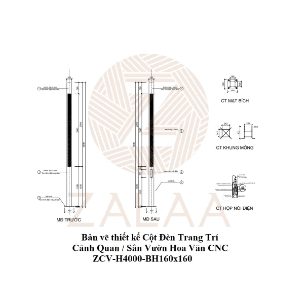 ✓Cột Đèn Trang Trí Cảnh Quan Sân Vườn kiểu dáng hoa văn CNC Mã sản phẩm  ZCV-H4000-BH160x160 | ZALAA Lighting - Leading Smart Life