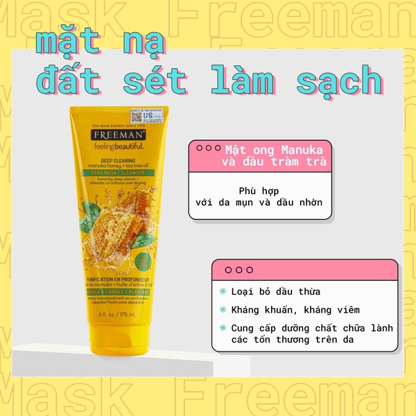 Mặt Nạ Đất Sét Mật Ong & Tràm Trà Freeman Deep Clearing Manuka Honey +Tea Tree Oil Clay Mask + Cleanser 175ml