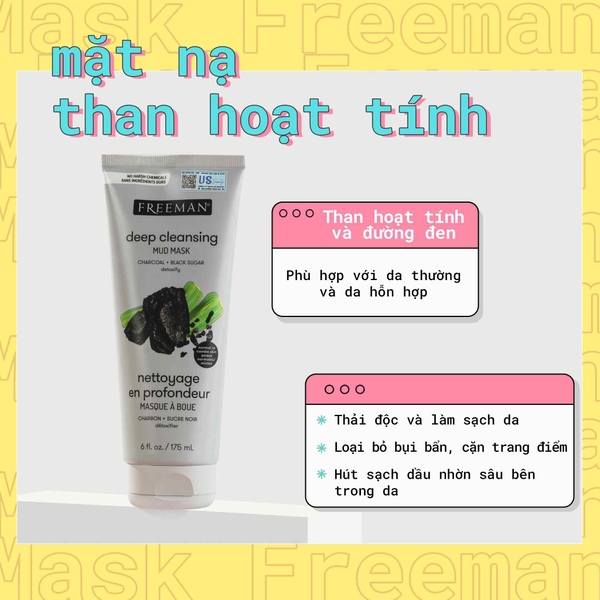 Mặt Nạ Bùn Than Hoạt Tính, Đường Đen Thải Độc Da Freeman Detoxifying Charcoal + Black Sugar Mud Mask 175ml