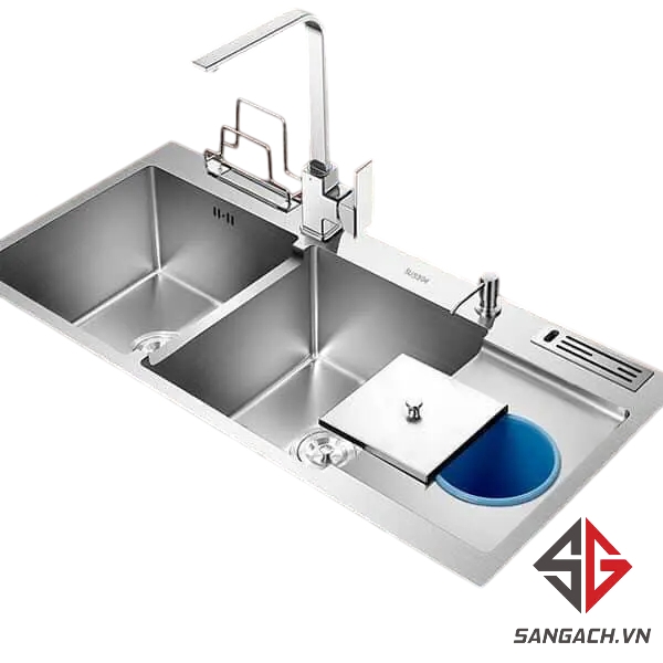 COMBO CHẬU CHÉN 2 HỘC INOX 201 100X48 SAGA CR30 - Showroom Sàn Gạch
