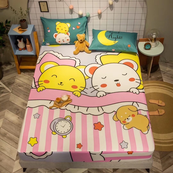 Bộ ga giường và 2 vỏ gối hình mèo trắng mèo vàng 100% cotton