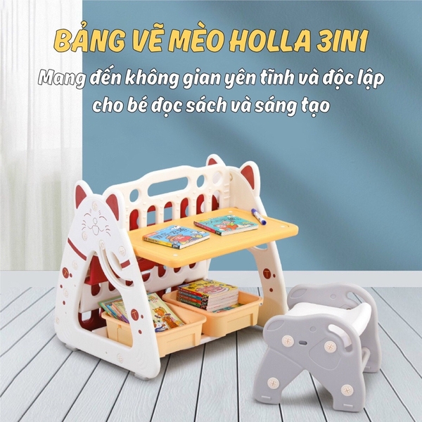 Bộ bảng vẽ - giá kệ sách - bàn học - ghế học mèo Kitty CAYABE Holla 4 trong 1 cho bé