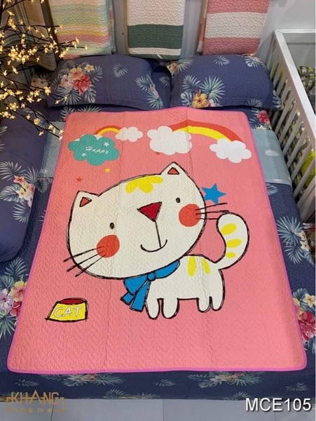 Chăn mền trẻ em chần bông mỏng vải cotton lụa Hàn Quốc 100% mèo con Kitty màu hồng