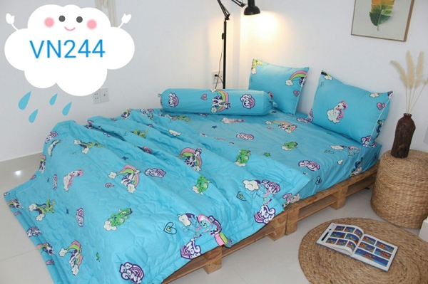 Bộ ga gối 4 món ngựa Little Pony màu xanh cotton 100% (ga giường + 1 vỏ gối ôm + 2 vỏ gối nằm)