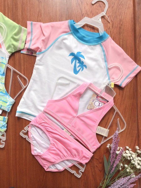 Set đồ bơi bé gái (Áo bơi tay ngắn + áo bikini + quần bơi) màu hồng cây dừa