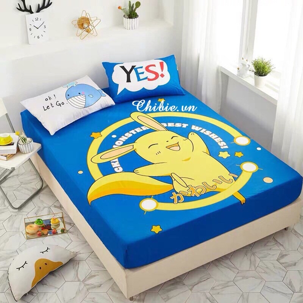Bộ ga giường và gối hình Pikachu màu xanh dương