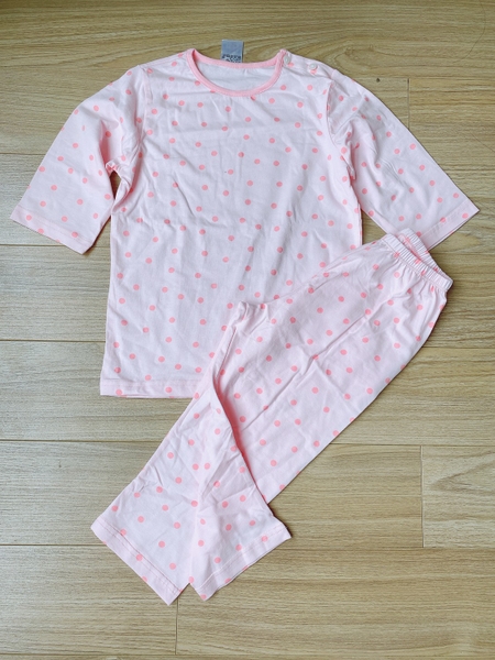 Đồ bộ bé gái tay lửng quần dài thun cotton màu hồng chấm bi